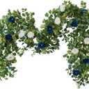 PARTY JOY 6.56ft Eucalyptus Garland with Flowers-8 Blue White Roses, Artificial Fake Flowers Greenery Garland Floral Vines for Decoration Party Wedding Table Indoor Outdoor Backdrop Wall Decor