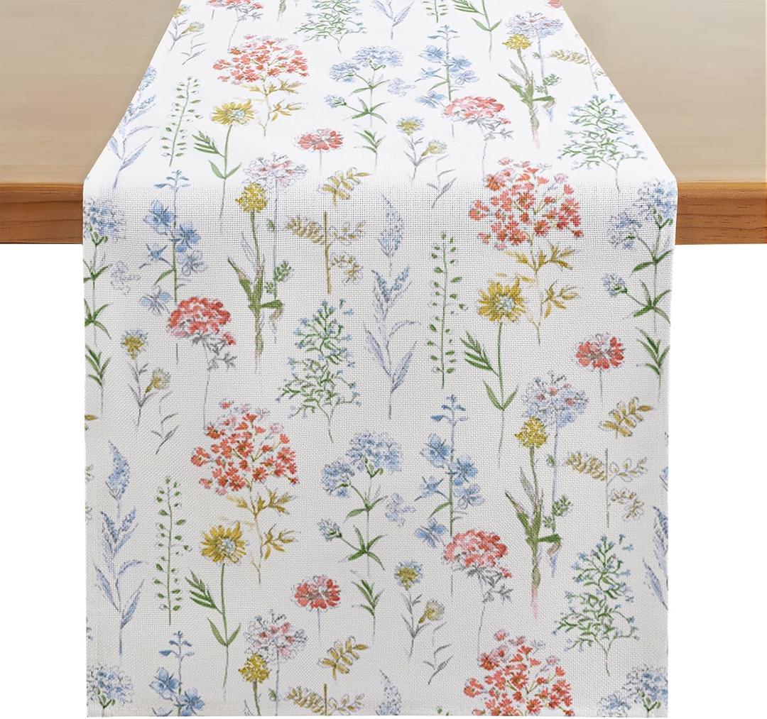Softalker Floral Leaves Spring Table Runner 13 x 108 Inch, Easter Summer Kitchen Dining Table Decor, Seasonal Holiday Home Party Decoration for Indoor & Outdoor Use