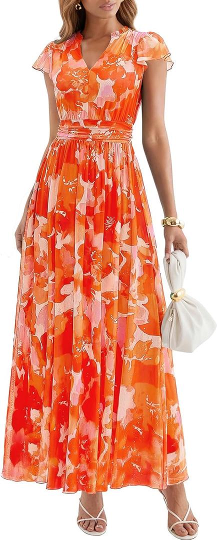 PRETTYGARDEN Women's Summer Dresses 2026 Flutter Short Sleeve V Neck Floral Mesh Dress Flowy Beach Vacation Long Dresses, X-Large, Orange Floral