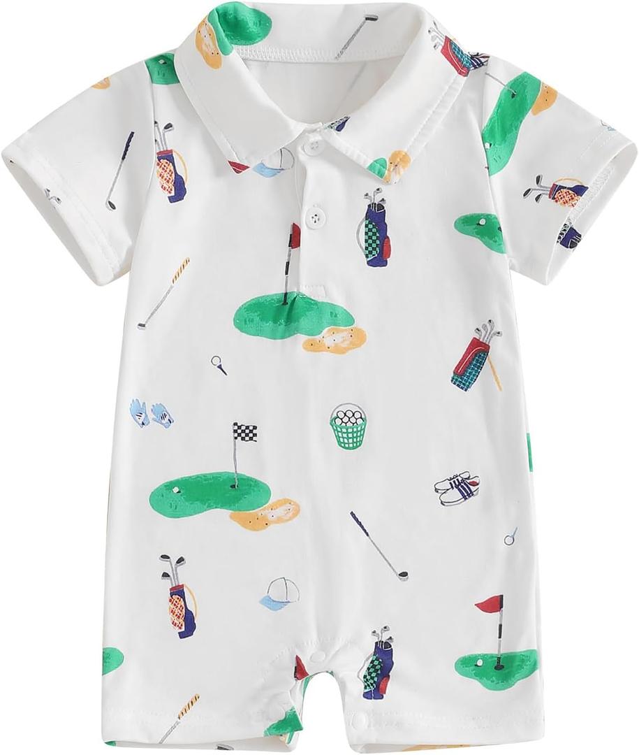 BHMAWSRT Baby Boy Golf Outfit ShortSleeve One-Piece Polo Shirt Jumpsuit Newborn Boy Summer Clothes (6-12 Months, White)