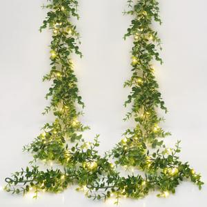 Dolicer 2 Packs Eucalyptus Garland with LED Lights String, 12Ft Faux Eucalyptus Greenery Garland, Artificial Hanging Green Eucalyptus Leaves Vine Wedding Backdrop Arch Wall Table Decor (Grey Green)