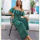 BeryLove Women Floral Casual Jumpsuit Summer Off The Shoulder Wide Leg Vacation Beach Jumpsuits with Pockets (Green, XL)