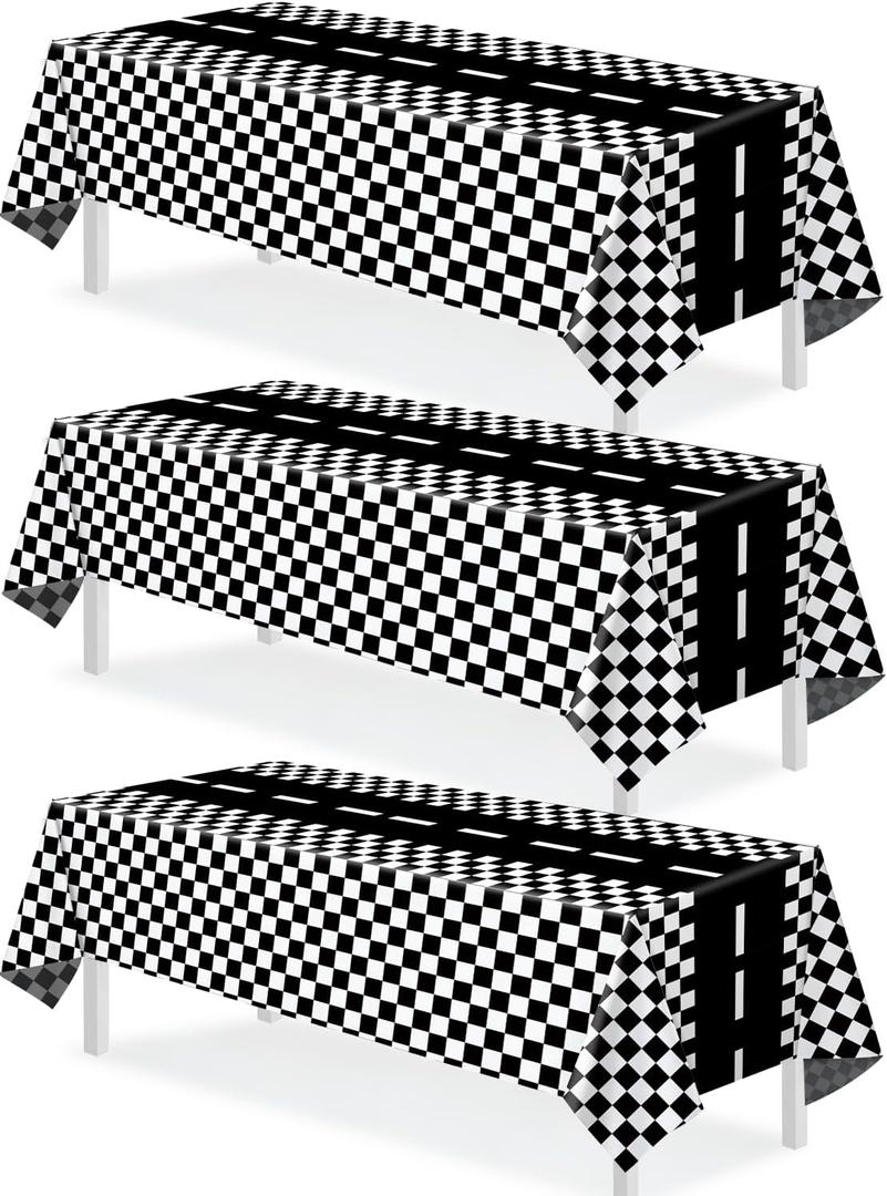 3 Packs Checkered Race Car Party Tablecloths Black and White Checkered Stripes Theme Party Touchdown Table Cover for Motor Racing Birthday Party Decorations Supplies Racing Party Favor, 54" x 108"