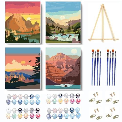 VIGEGU 4 Pack Paint by Numbers Kit for Adults Framed Canvas - with Wooden Easel,Adults' Paint-By-Number Kits National Park Mountain DIY Acrylic Landscape Oil Painting Arts Crafts 7.8x11.8inch