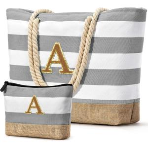 Becokan Beach Bag Initial Beach Tote with Makeup Bag for Travel Work Storage Personalized Birthday Gifts for Women Her (Light Grey)