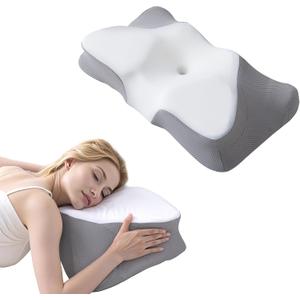 Supportive Cooling Pillow for Comfortable nap time Sleep Quality; an Ergonomic Memory Foam Pillow for Shoulder and Neck Pain Relief, Perfect for Side Sleepers(White Grey)
