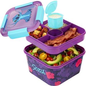 Disney Stitch Salad Container Bento Box for Kids, 70 Oz Portable Lunch Box, Leak Proof, BPA Free Multi Compartment Salad Bowl with Dressing Pot, Food Storage, Gifts For Girls (Multi Stitch)