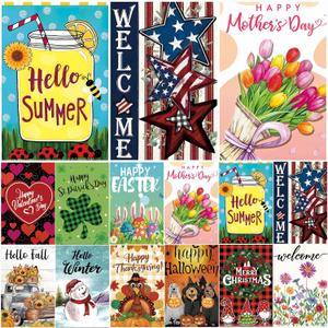Seasonal Garden Flags Set of 12 Double Sided 12x18 Inch, Small Yard Flags for Outside, Spring Summer Fall Winter & Holiday Outdoor Decor, Halloween Christmas Easter Decorations for All Seasons