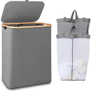 iEGrow 150L Laundry Hamper with Lid-Large Laundry Basket with Bamboo Handles, Grey Hampers for Laundry, Dirty Clothes Hamper with 2 Removable Inner Bags for Clothes Towels