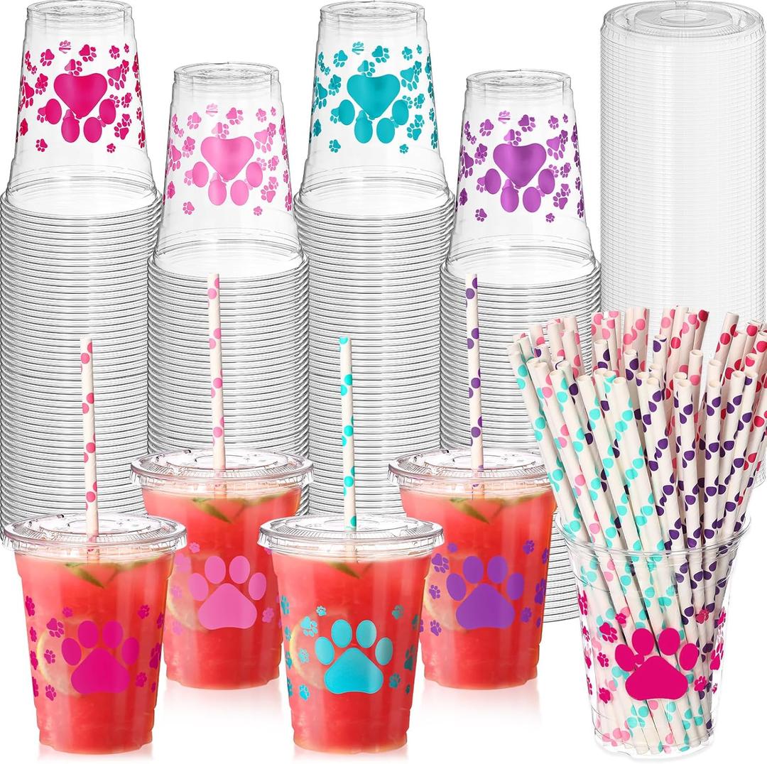 Mifoci 300 Pcs Colorful Dog Paw Plastic Cups Bulk with Flat Lids and Straws Set 12 oz Clear Puppy Paw Disposable Plastic Cups with Lids for Dog Puppy Baby Shower Party Favors