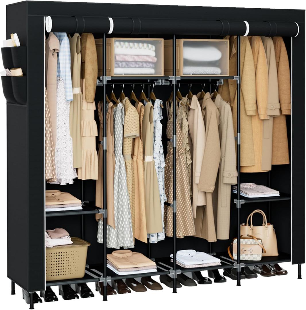 Portable Closet, 66.9 Inch Large Capacity Wardrobe Closet with Cover, Clothes Storage Organizer with Shelves and 4 Hanging Rods, Easy to Assembly, Black PCT204B01