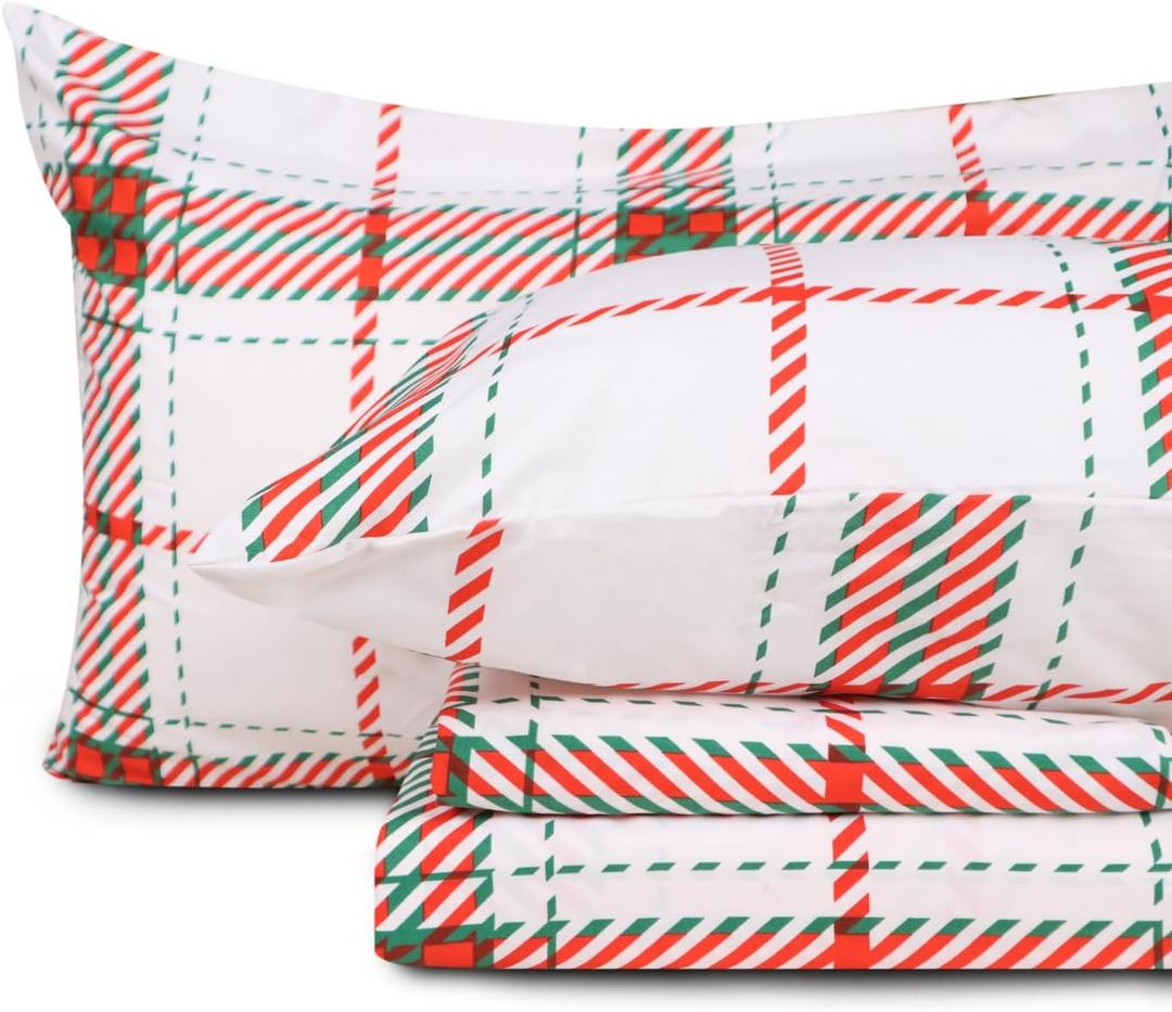 Gogreen Christmas Sheet Set 4PC Deep Pocket Queen Size Bedding Set, Breathable & Ultar Soft, Hotel Style Christmas Decor, Gifts for Kids, Women, Men - Christmas Simple Plaid