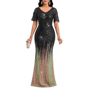 Cololura Women Sexy Elegant Sequin Short Sleeve Party Bodycon Maxi Dress Cocktail Evening Gown Formal Dresses Black-Gold, 2XL