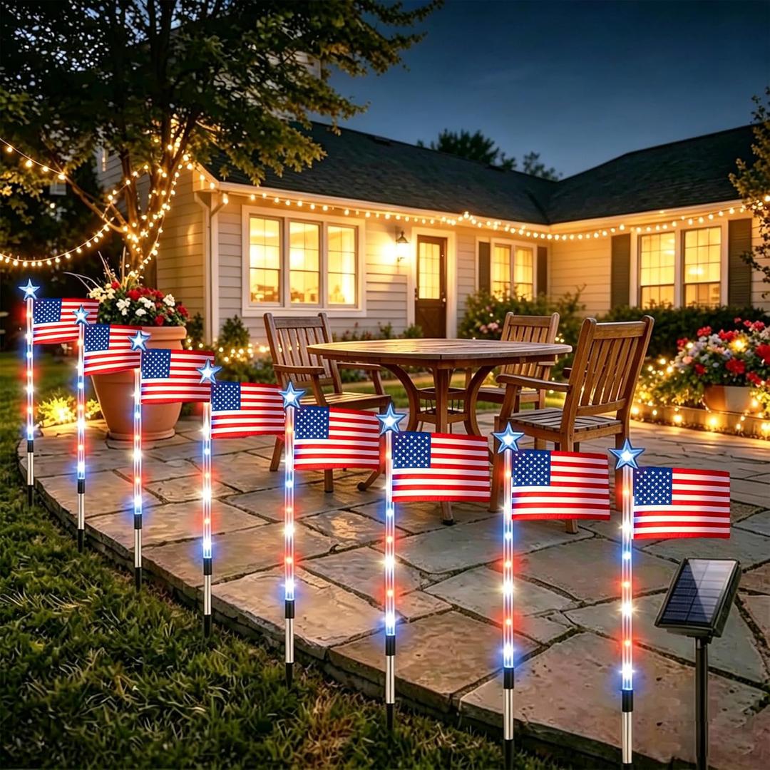 4 x 8 Pack Solar American Flag Pathway Lights - Patriotic Red White Blue Outdoor Stake Waterproof LED Lights with 8 Modes, Decorations 4th of July Memorial Day & Independence Day Yard Garden (Style A)