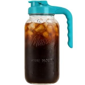 Mason Jar Pitcher - Airtight & Leakproof Glass Pitcher with Lid, Perfect for Breastmilk, Cold Brew Coffee, Sun Tea, Water & Drinks, 2 Quart (64 oz) Wide Mouth Mason Jar with Pour Spout Lid - Teal