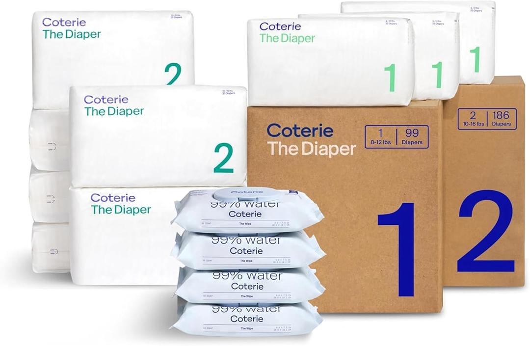 Coterie Baby Wipes + Diapers Kit, Size 1 (99 Count) & Size 2 Diapers (186 Count), 4 Pack (224) Baby Wipes with 99% Water, Plant Based Materials, Hypoallergenic for Sensitive Skin