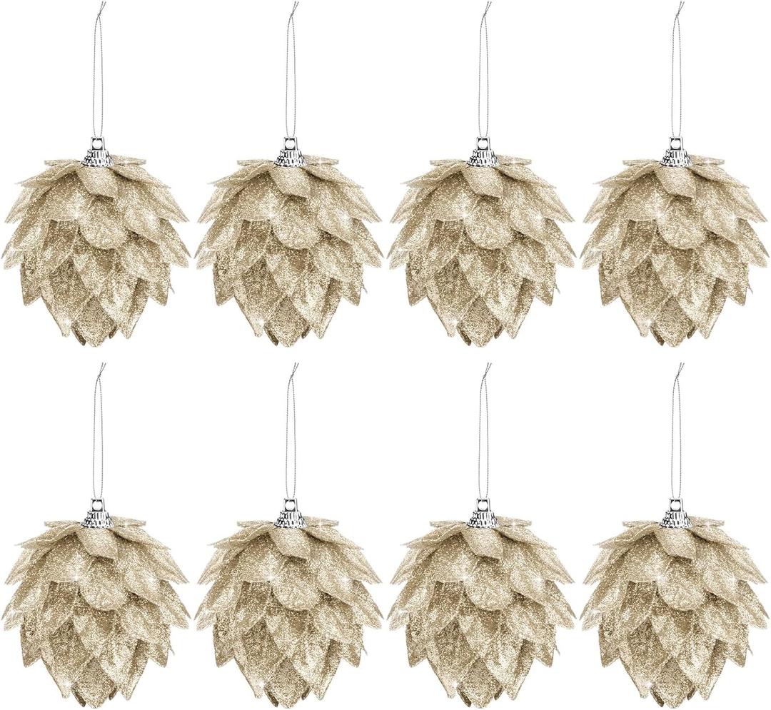 Jetec 8 Pieces Christmas Ornaments Glitter Christmas Tree Hanging Decoration Decorative Artificial Pine Cones Flowers Hanging Ornaments for Winter Wreath Holiday Decor(Champagne Gold)