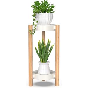 Wisuce Bamboo Plant Stands Indoor, 2 Tier Steel Tray Tall Corner Plant Stand Holder & Plant Display Rack for Outdoor Garden Indoor Home (2 Tier)