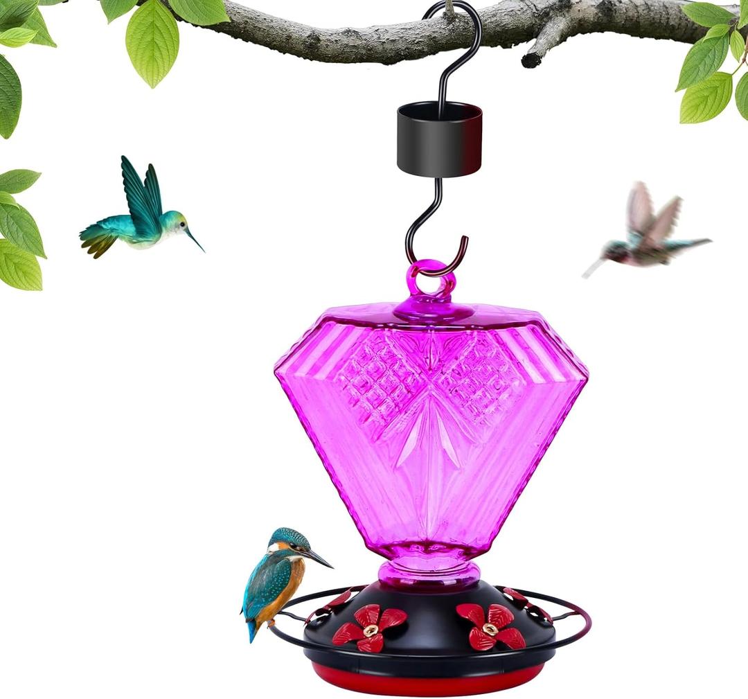 Glass Hummingbird Feeder for Outdoors Hanging, 20 OZ Humming Birds Feeders with 5 Bee Guard Feeding Ports and Built-in Ant Moat, Bird Feeder for Outside Diamond Shape, Purple