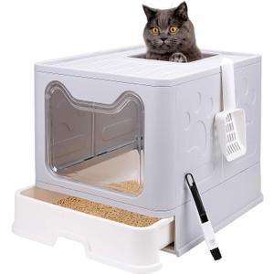 Foldable Cat Litter Box with Lid, Enclosed Potty, Large Top Entry Anti-Splashing Toilet, Easy to Clean Including Litter Scoop and 2-in-1 Cleaning Brush (Grey)