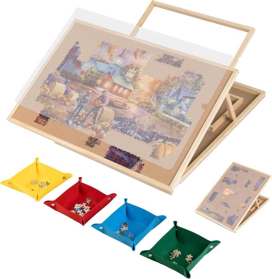Tektalk Convertible Jigsaw Puzzle Board, Two-Way Use Adjustable Puzzle Table with Cover & 4 Colored Sorting Trays, 4-Tilting-Angle Wooden Plateau, for Up to 1000 Pieces