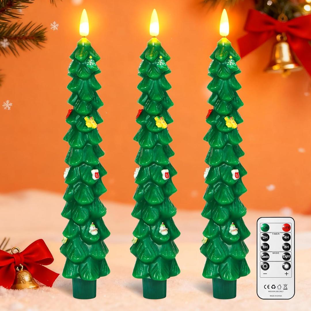 3 PCS Christmas Tree Taper Candles with Remote & Timer, Flameless Christmas Tree Wax Battery Operated Green Tree LED Candle for Christmas Home Decor(3pcs,9.5inch)