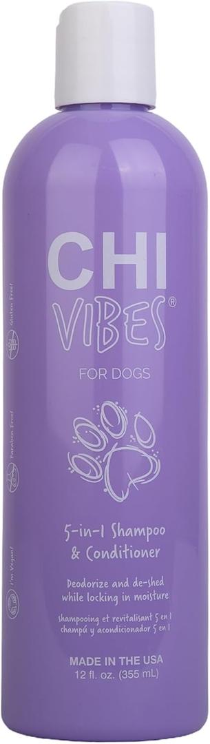 CHI Vibes for Dogs 5-in-1 Shampoo & Conditioner, Cleans + Deodorizes + Moisturizes + Detangles + Helps De-Shed, Vegan pH Balanced, Gluten & Paraben Free, Made in USA, 12 Fl Oz