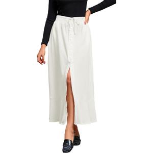 MAKABO Women's Maxi Pleated Skirt with Pockets, High Waisted A Line Long Skirts Button Down Business Casual Outfits (White, M)