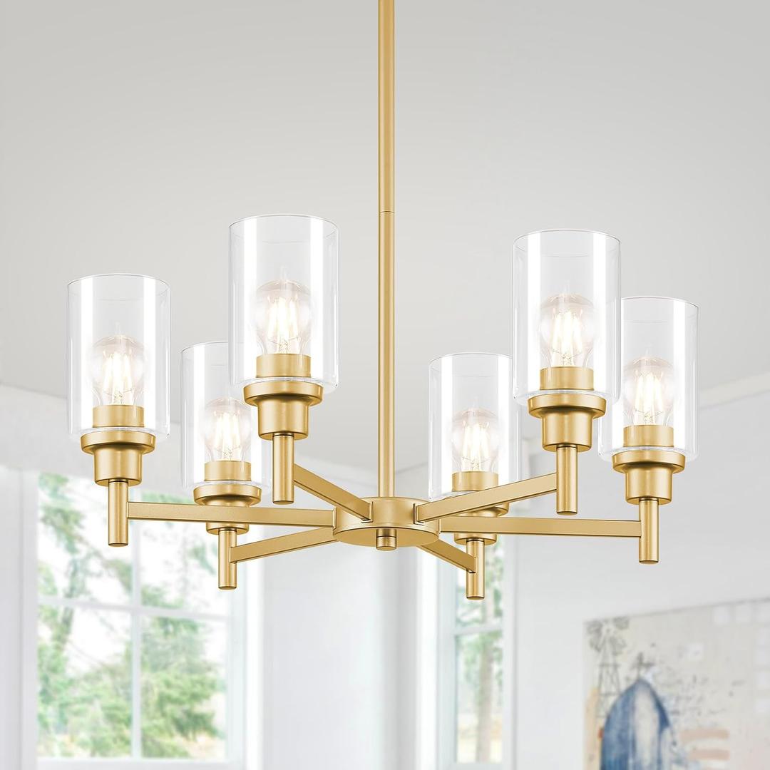 Modern Gold Chandeliers for Dining Room, 6-Light Chandelier Light Fixture with Clear Glass Shades, Metal Hanging Pendant Lighting for Living Room, Kitchen, Staircase, Entryway