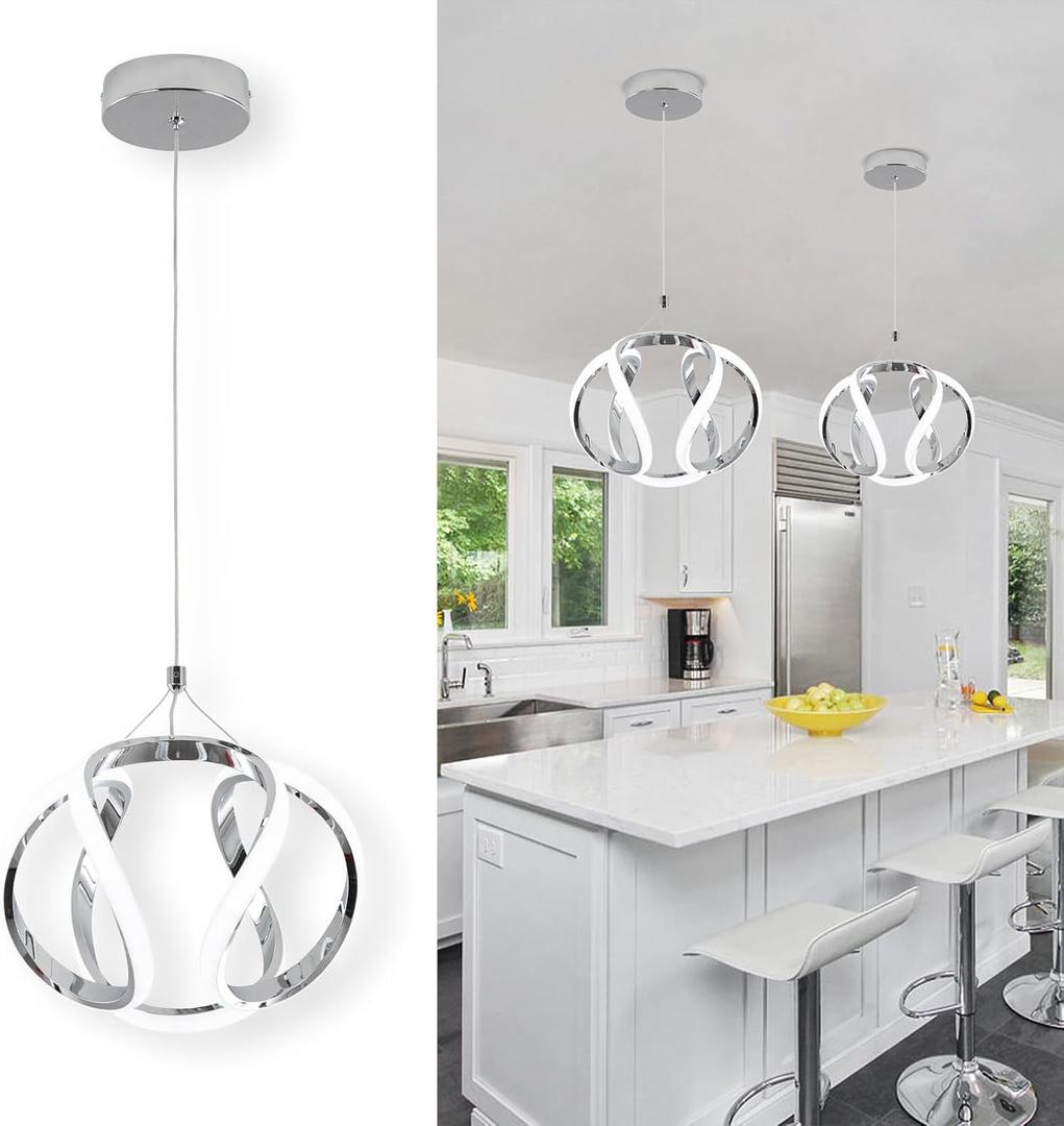 CANEOE Modern Led Pendant Light, 5500K Creative Led Kitchen Island Pendant Lights Fixtures, Adjustable Height Integrated LED Hanging Lamp for Living Room Bedroom Kitchen Cafe,1 Pack (Chrome)