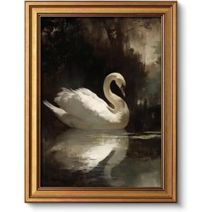 Gold Framed Vintage Wall Art for Room Decor Moody Swan Wall Decor Gothic Swan Animal Canvas Prints Painting for Living Kitchen Bathroom Bedroom Desktop Artwork 16x24 Inch