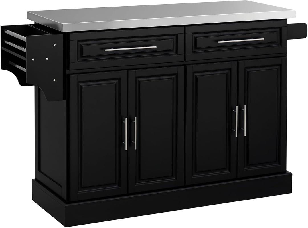 HOMCOM Rolling Kitchen Island Cart with Wheels, Portable Island Table for Kitchen with Stainless Steel Top, Adjustable Shelves, 2 Drawers, Spice, Knife and Towel Rack, Black