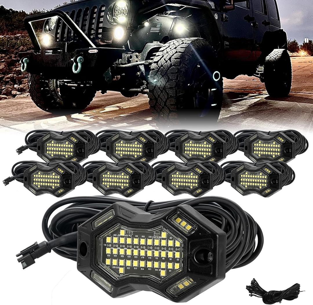 SUNPIE 8 Pods Magnetic White Rock Lights  Wide Beam Angle, Quick Connect, 49 High Power Chips, 4M Extension Wires, 6000K Pure White, IP67, Fits Trucks, SUV, ATV, UTV, Trailer, Boats
