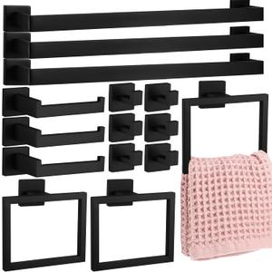 Gisafai 15 Pcs Bathroom Hardware Accessories Set 23.6 Inch Bath Towel Bar Kit Stainless Steel Bathroom Hardware Set Towel Racks Ring Hooks Paper Holder for Wall Mounted (Black)