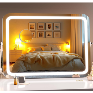 Hasipu Vanity Mirror with Lights, 18" x 14" LED Makeup Mirror, 3 Modes Light, Smart Touch Control Dimmable, 360Rotation, Rectangle White Frame, with 5X Magnifying Glass