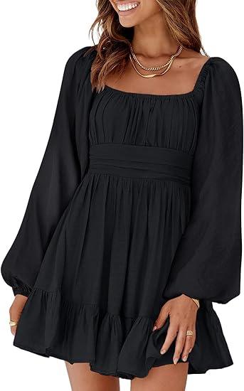 Dokotoo Womens Dress Long Lantern Sleeve Square Neck Tie Backless Sexy Dress Ruffle Elastic Waist A-Line Mini Dress, Size S