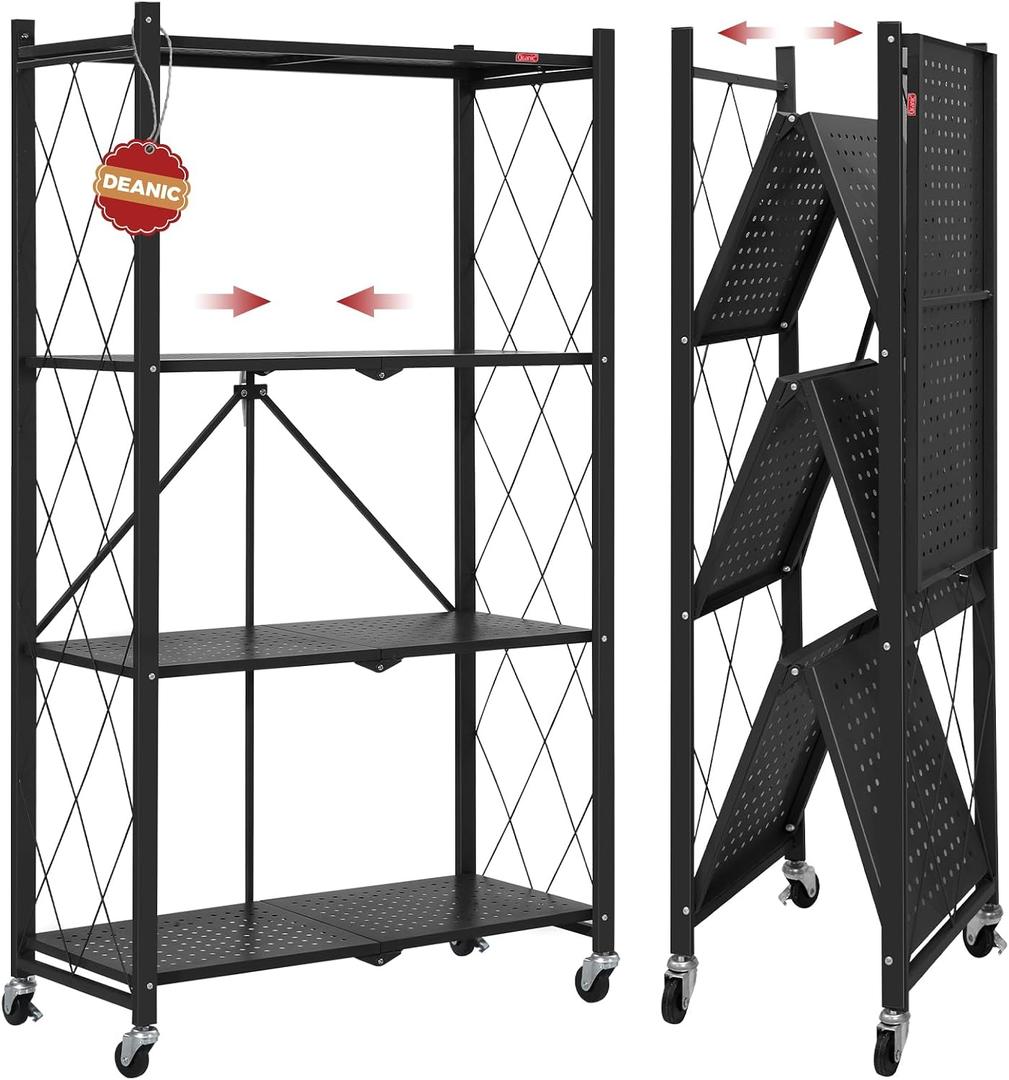 DEANIC 4 Tier Foldable Storage Shelves with Wheels, No Assembly Organizer Rack for Garage Kitchen, Basement, Pantry,Perfect for Craft Shows & Vendor Events(Black)