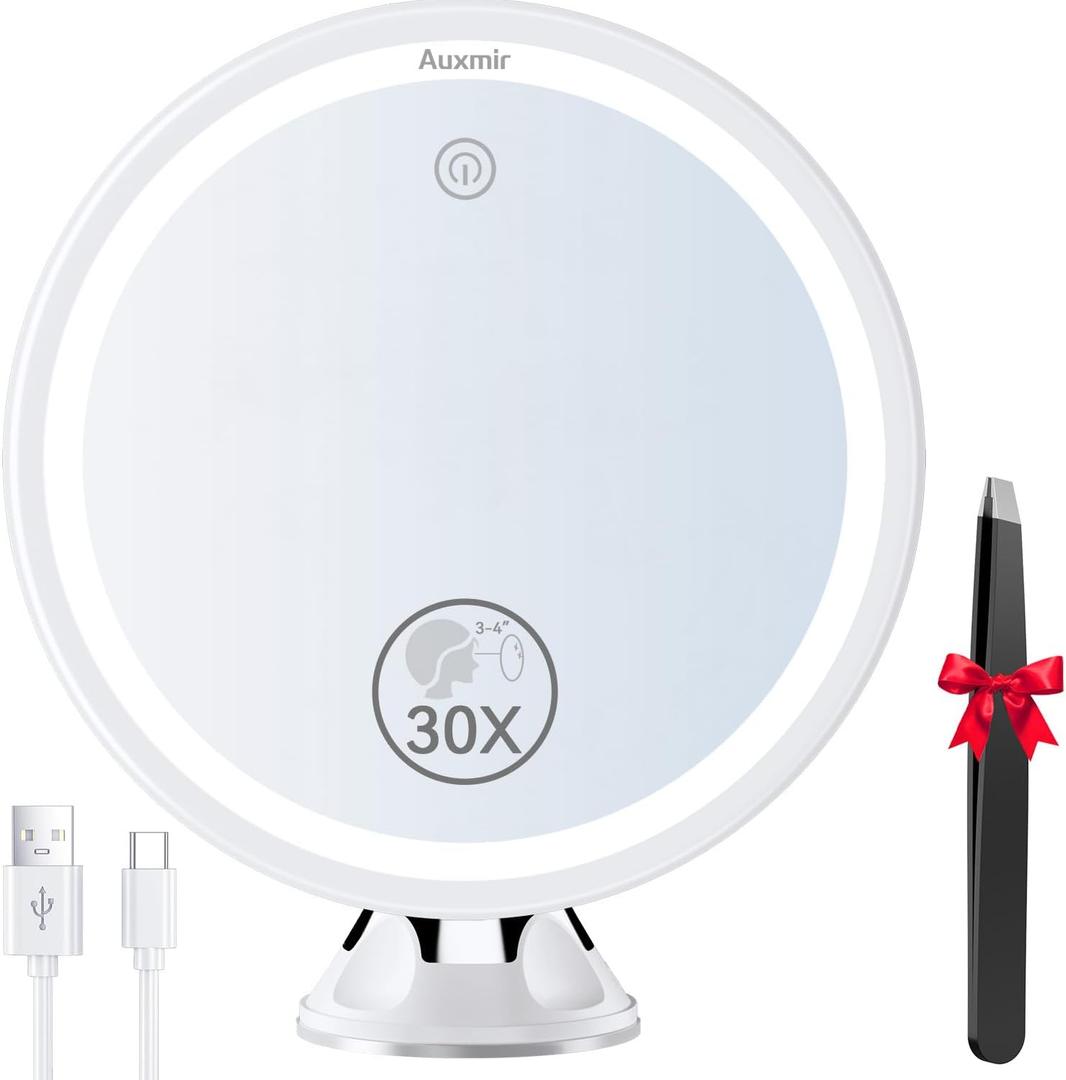 Auxmir 30X Magnifying Mirror with Light, Makeup Mirror with 3 Color Lights, 8 Rechargeable Vanity Mirror with Power Suction Cup, 360 Swivel, Touch Dimmable Mirrors with Tweezer for Home Travel