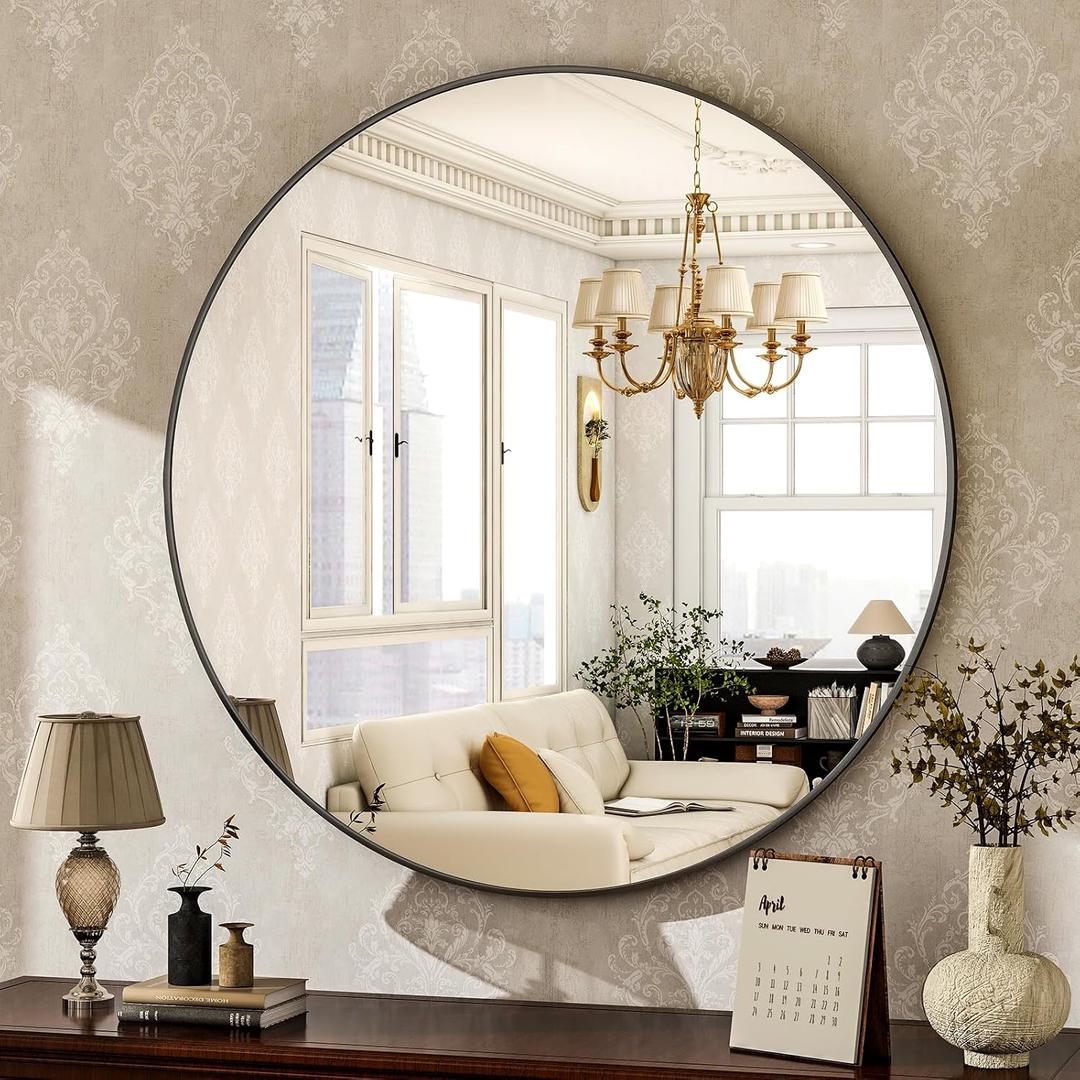 HARRITPURE Round Mirror 24 Black Wall Mounted Circle Mirrors Vanity Mirror with Brushed Aluminum Alloy Frame Modern Decoration for Bathroom, Living Room, Vanity, Bedroom, Entryway
