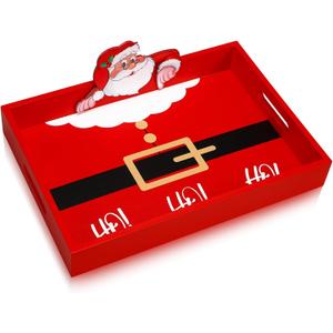 Huwena Christmas Decorations for Home Christmas Serving Tray with Handles Rustic Decorative Tray Wooden Serving Platters for Entertaining for Coffee Wine Table (Santa Belt)