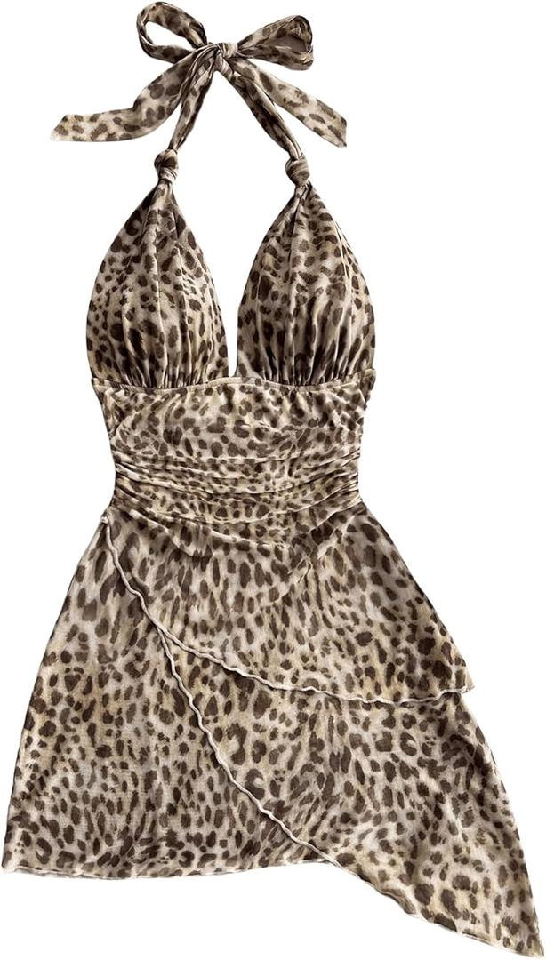 SOLY HUX Women's Y2K Dress Summer Tie Dye Print Sexy Mini Dress Retro Backless Halter Dress Club Dresses (Large, Brown Leopard)