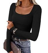 ZESICA Women's Long Sleeve Shirts 2026 Spring Fashion Square Neck Slim Fit Basic Going Out Tops Trendy Outfits (Black, M)