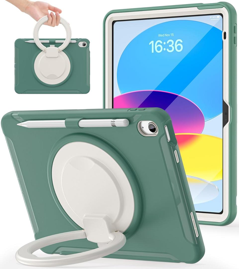 BATYUE Case for iPad 10th/11th (A16) Gen 2022/2025: Professional Shockproof 10.9/11" Cover with Screen Protector, Pencil Holder, 360 Rotating Stand  Kid-Friendly, Emerald Green