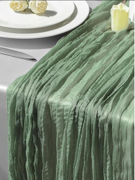 GARIG Single Sage Green Table Runner for Summer, 10FT Boho Sheer Spring Gauze Cheesecloth Table Runner 35x120Inch for Mother's Day Wedding Party Baby Bridal Shower Birthday Home Decor