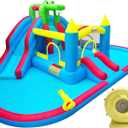 Inflatable Bounce House with Double Water Slide,Double Ball Pit/Water Pool,Crocodile Styling,Double Water Cannon,Climbing Wall,Bouncy Castle with Air Blower,Water Park Slide for Kids Backyard