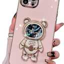 Compatible with iPhone Case,Cute Astronauts Glitter Sparkle Bling Liquid Quicksand Electroplated Holder Kickstand Stand Shockproof Cover Phone Case (Pink, iPhone 15 Plus)