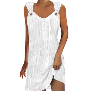 Womens Summer Dresses Scoop Neck O-Ring Shoulder Button Tank Sundress Casual Swing Short Dress (M)