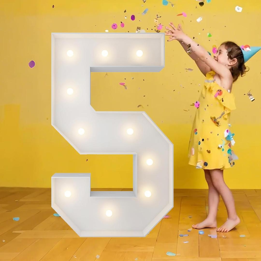 3FT Marquee Numbers, Warm White Light Up Number 5 with Display Board, Balloon Kit Decorations, DIY Pre-Cut Frames for Party, 5th Birthday, Anniversary Decor,15th, 35th,50th Milestones