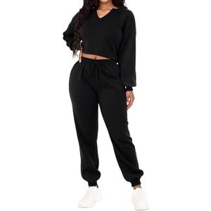 LovelyWholesale Women Sweatsuits 2 Piece Set V Neck Cropped Sweatshirt and Jogger Set Black Large (Black, L)