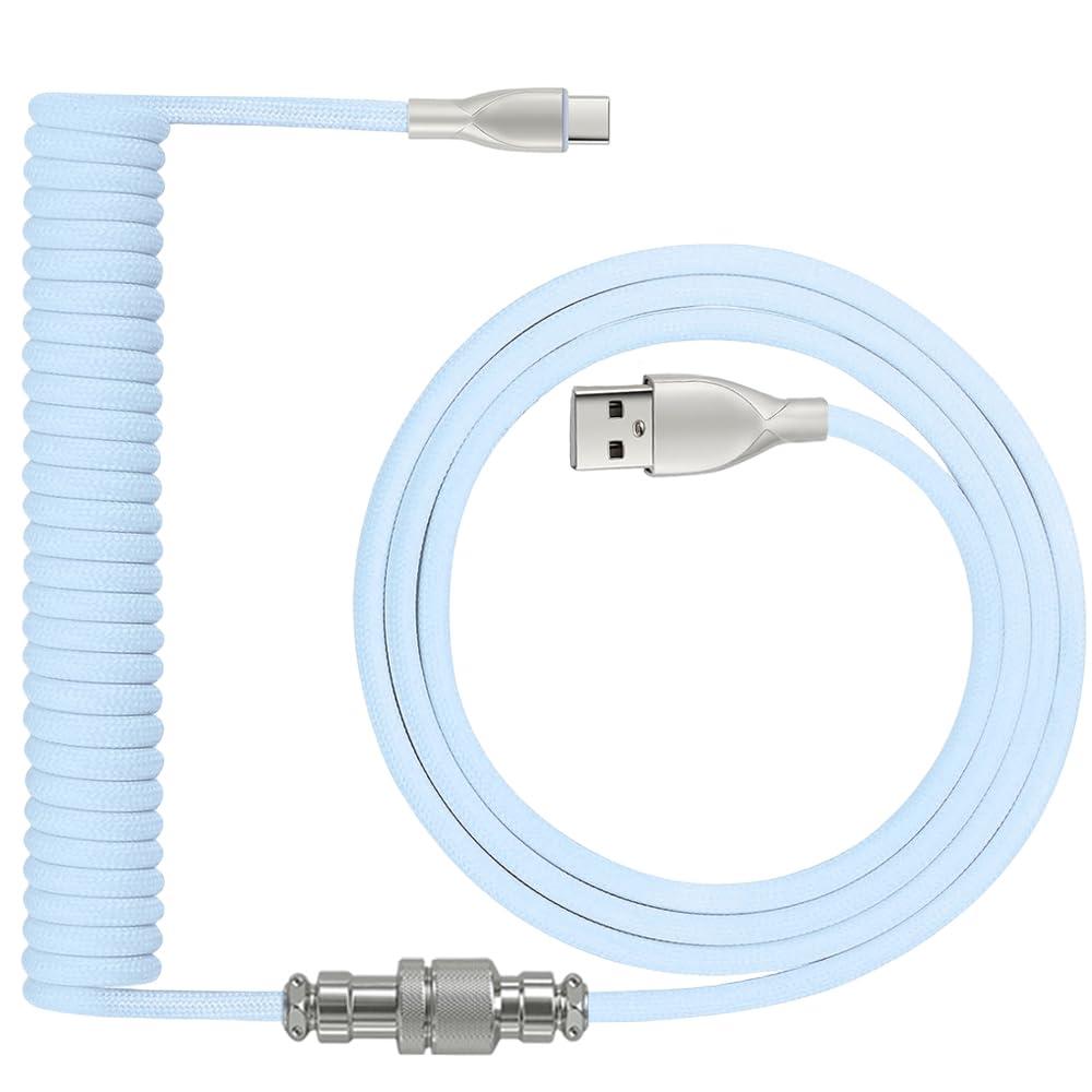 Coiled Keyboard Cable: 1.5M USB-C to USB-A Braided Cord with Detachable Aviator Connector, Durable & Tangle-Free for Custom & Mechanical Gaming Keyboards (Blue)